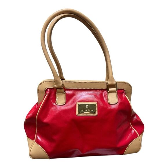 Trina Turk Red Tan Leather Canvas Tote Bag Top Preppy Casual Classic - Picture 13 of 16